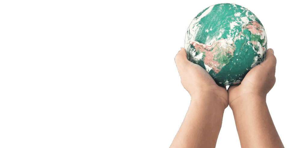 Hands holding Earth globe on white background