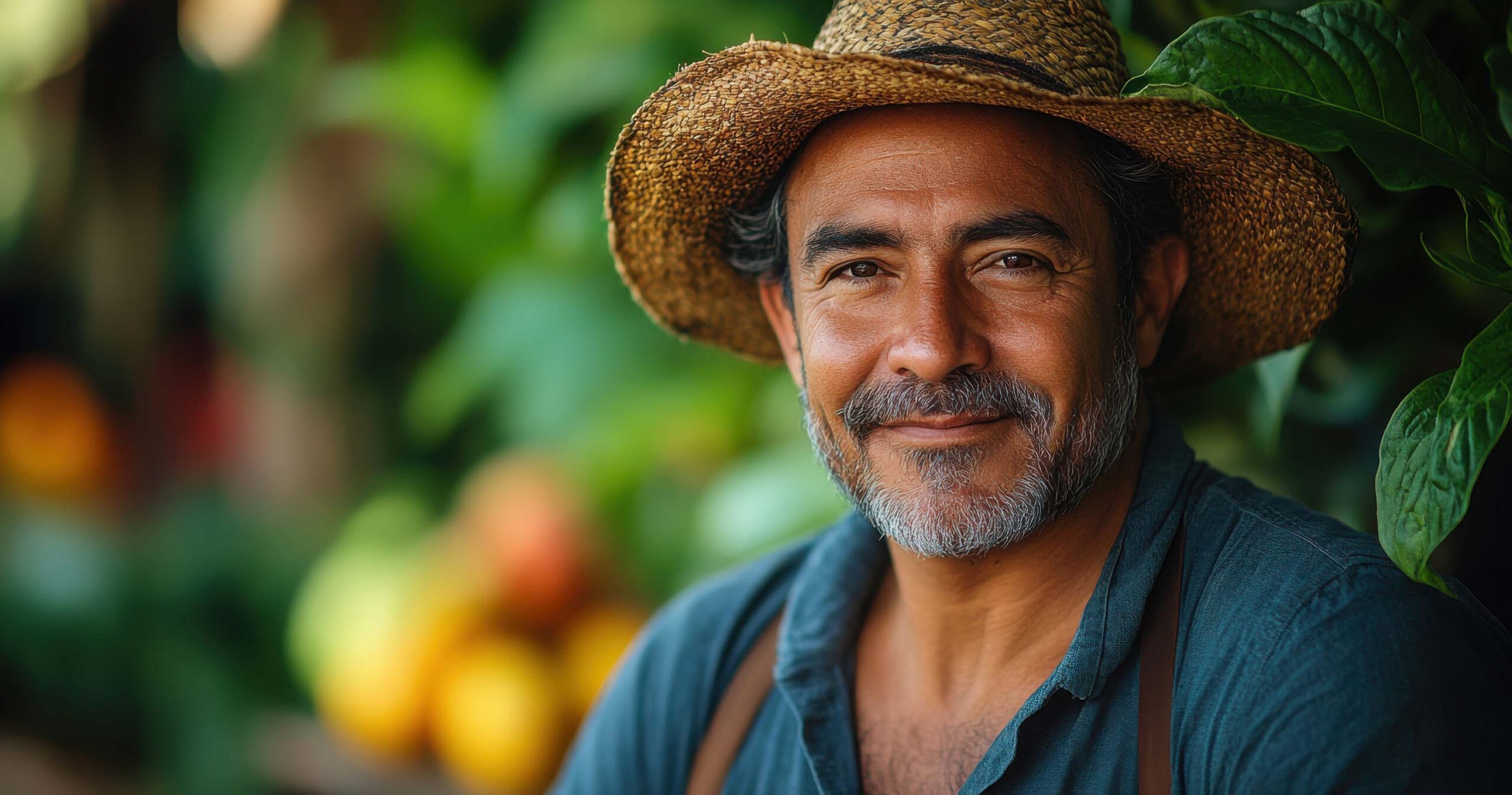 A male agronomist farmer in a tobacco field wearing woven hat and smiling.