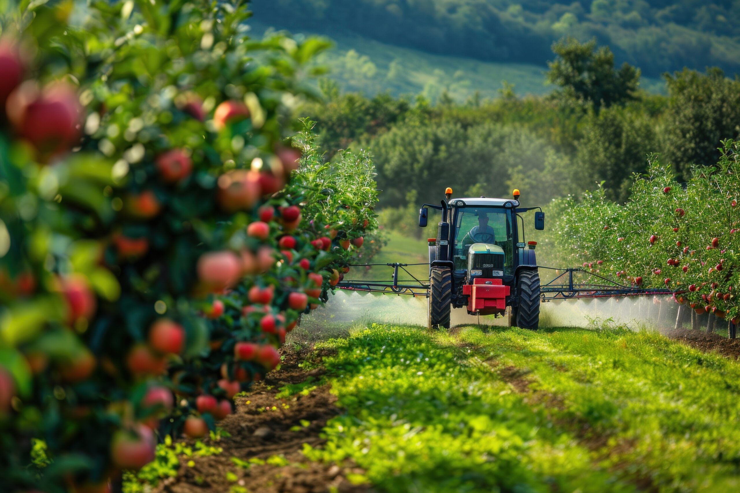 Spraying apple orchard to protect against disease and insects. Apple fruit tree spraying with a tractor and agricultural machinery.