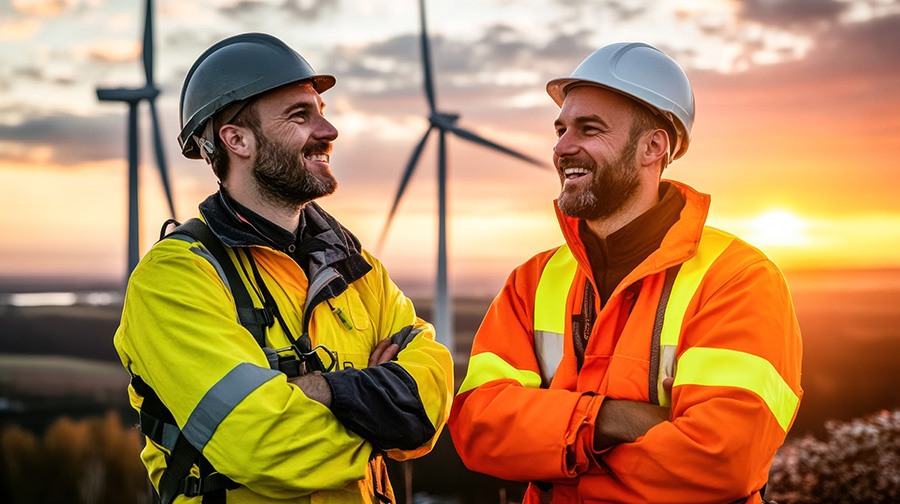 Two technicians in safety gear smile at each other during sunset near wind turbines, showcasing teamwork and safety in renewable energy