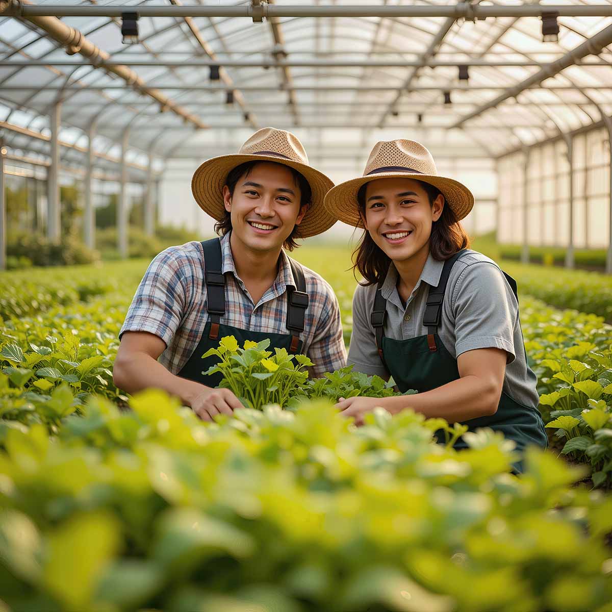 Two cheerful Asian farmers in hats smile amongst their thriving leafy crop, their faces reflecting joy and pride in their greenhouse harvest.