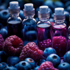 Colorful bottles surrounded by fresh berries, showcasing vibrant natural extracts and flavors in a beautiful arrangement.