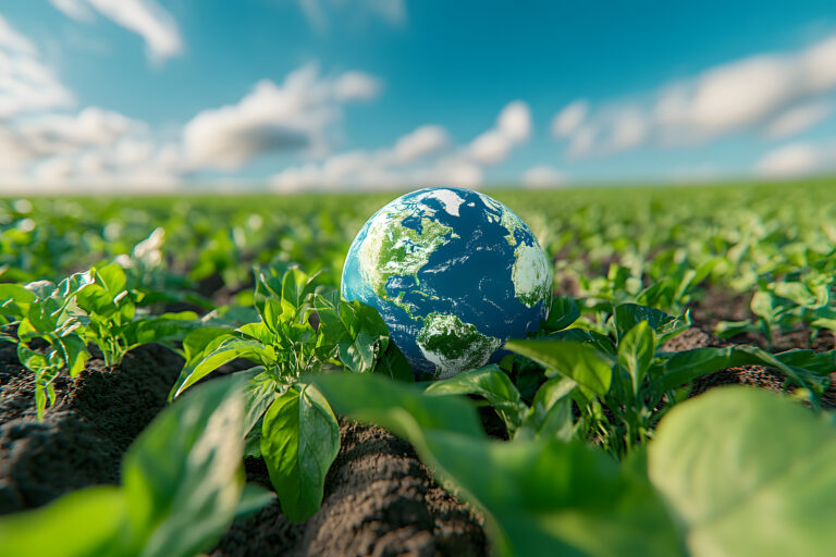 Earth Globe Emerging from Rich Green Crop Field Under Bright Sky Representing Sustainable Agriculture and Environmental Conservation